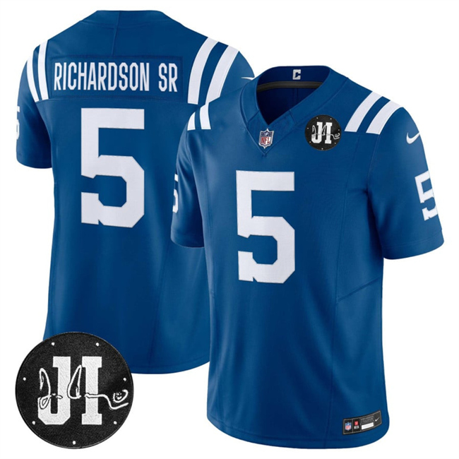 Men's Indianapolis Colts #5 Anthony Richardson Blue 2025 F.U.S.E. Jim Irsay Patch Vapor Limited Stitched Football Jersey Men's Indianapolis Colts #5 Anthony Richardson Blue 2025 F.U.S.E. Jim Irsay Patch Vapor Limited Stitched Football Jersey