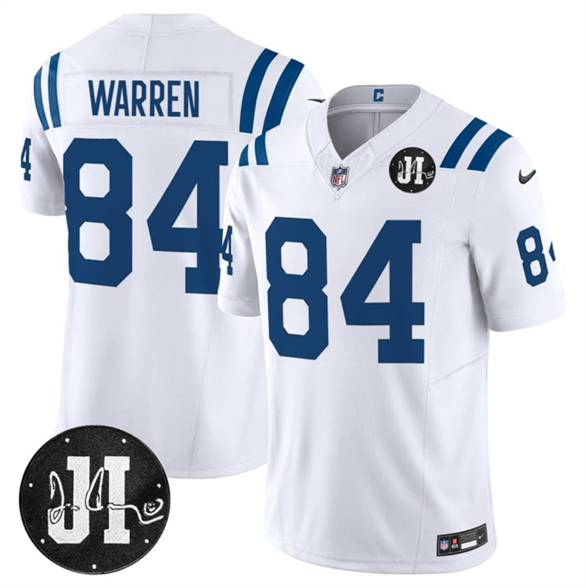 Men's Indianapolis Colts #84 Tyler Warren White 2025 F.U.S.E. Jim Irsay Patch Vapor Limited Stitched Football Jersey Men's Indianapolis Colts #84 Tyler Warren White 2025 F.U.S.E. Jim Irsay Patch Vapor Limited Stitched Football Jersey