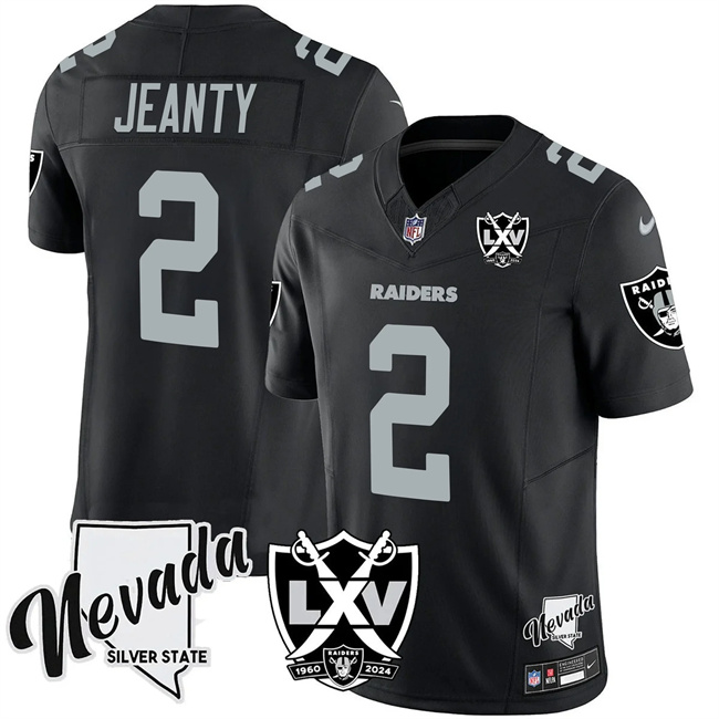 Men's Las Vegas Raiders #2 Ashton Jeanty Black 2025 Draft F.U.S.E. With Nevada Silver Stat Patch And 65th Anniversary Patch Stitched Football Jersey Men's Las Vegas Raiders #2 Ashton Jeanty Black 2025 Draft F.U.S.E. With Nevada Silver Stat Patch And 65th Anniversary Patch Stitched Football Jersey