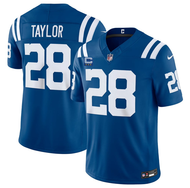 Men's Indianapolis Colts #28 Jonathan Taylor Blue 2026 F.U.S.E. With 4-Star C Patch Vapor Limited Stitched Football Jersey Men's Indianapolis Colts #28 Jonathan Taylor Blue 2026 F.U.S.E. With 4-Star C Patch Vapor Limited Stitched Football Jersey