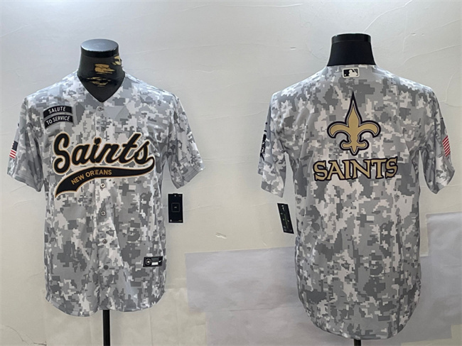 Men's New Orleans Saints Team Big Logo 2024 Arctic Camo Salute To Service Stitched Baseball Jersey 1 Men's New Orleans Saints Team Big Logo 2024 Arctic Camo Salute To Service Stitched Baseball Jersey 1