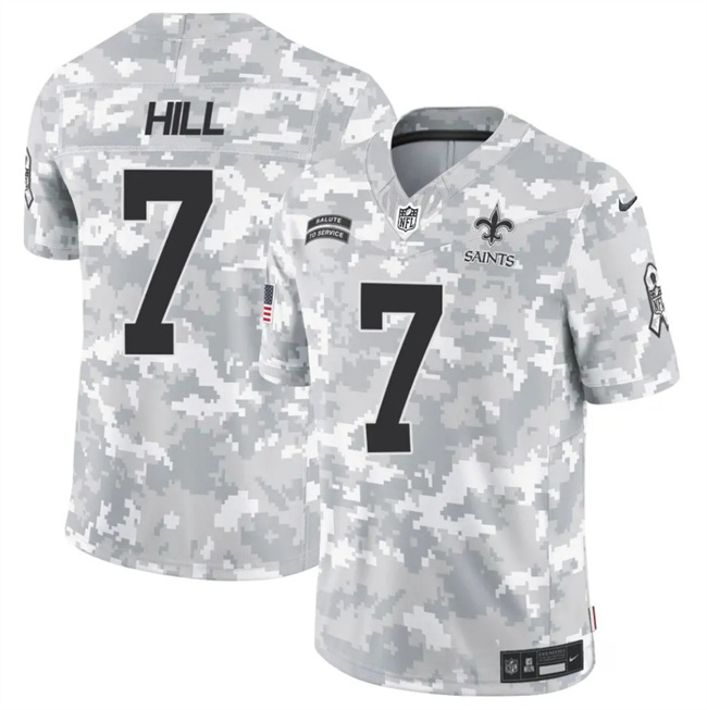 Men's New Orleans Saints #7 Taysom Hill 2024 F.U.S.E Arctic Camo Salute To Service Limited Stitched Football Jersey Men's New Orleans Saints #7 Taysom Hill 2024 F.U.S.E Arctic Camo Salute To Service Limited Stitched Football Jersey