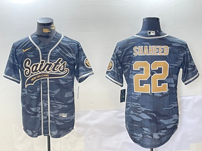 Men's New Orleans Saints #22 Rashid Shaheed Grey Camo With Patch Cool Base Stitched Baseball Jersey Men's New Orleans Saints #22 Rashid Shaheed Grey Camo With Patch Cool Base Stitched Baseball Jersey