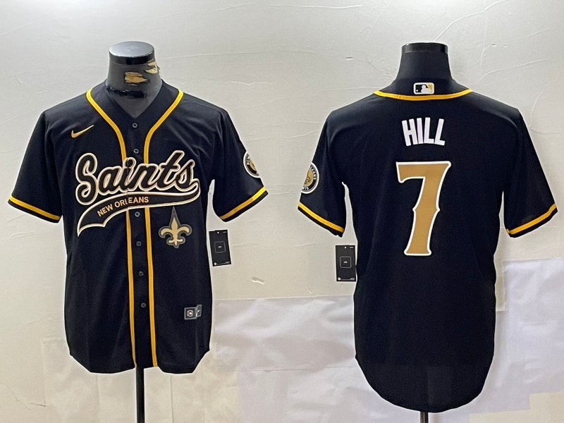 Men's New Orleans Saints #7 Taysom Hill Black With Patch Cool Base Stitched Baseball Jersey 2 Men's New Orleans Saints #7 Taysom Hill Black With Patch Cool Base Stitched Baseball Jersey 2