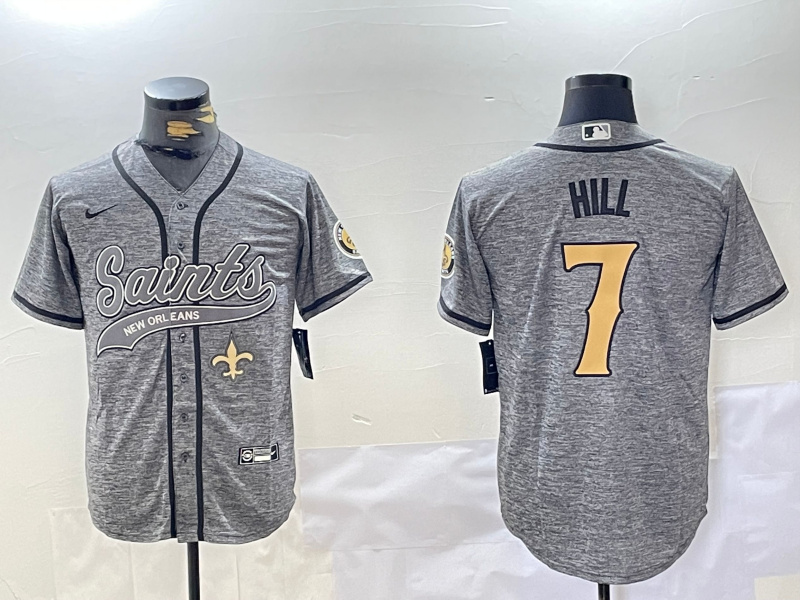 Men's New Orleans Saints #7 Taysom Hill Grey With Patch Cool Base Stitched Baseball Jersey 2 Men's New Orleans Saints #7 Taysom Hill Grey With Patch Cool Base Stitched Baseball Jersey 2