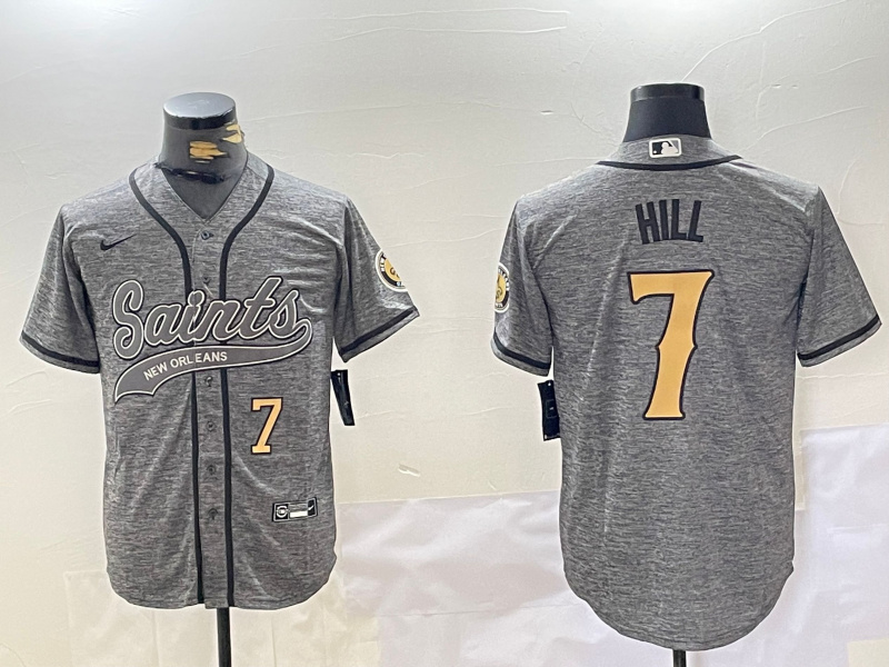 Men's New Orleans Saints #7 Taysom Hill Grey With Patch Cool Base Stitched Baseball Jersey 1 Men's New Orleans Saints #7 Taysom Hill Grey With Patch Cool Base Stitched Baseball Jersey 1