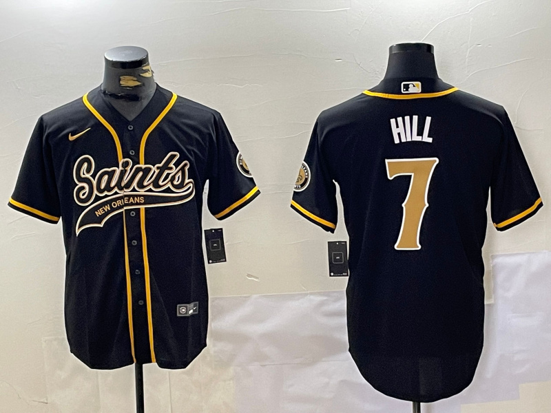 Men's New Orleans Saints #7 Taysom Hill Black With Patch Cool Base Stitched Baseball Jersey Men's New Orleans Saints #7 Taysom Hill Black With Patch Cool Base Stitched Baseball Jersey