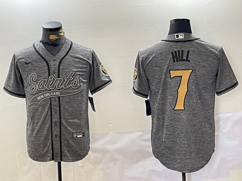 Men's New Orleans Saints #7 Taysom Hill Grey With Patch Cool Base Stitched Baseball Jersey Men's New Orleans Saints #7 Taysom Hill Grey With Patch Cool Base Stitched Baseball Jersey