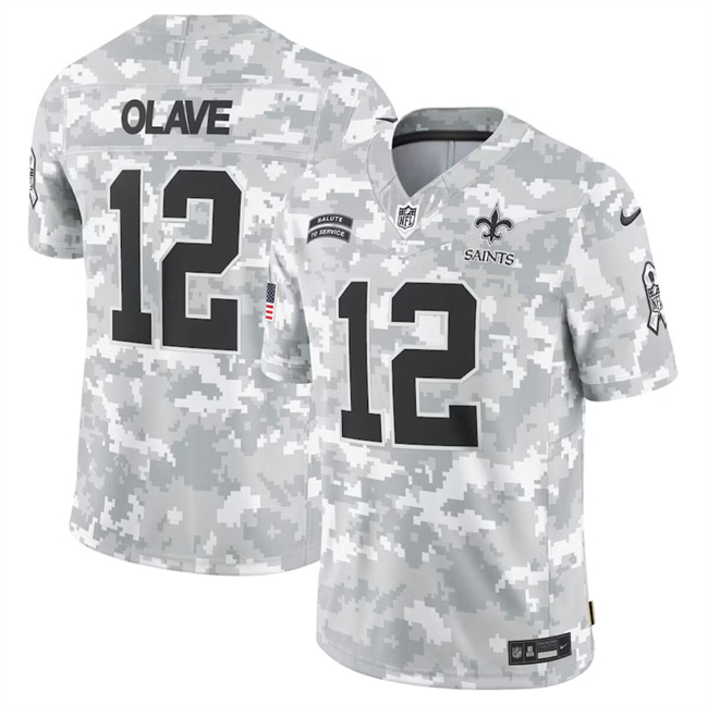 Men's New Orleans Saints #12 Chris Olave 2024 Arctic Camo Salute To Service Limited Stitched Football Jersey Men's New Orleans Saints #12 Chris Olave 2024 Arctic Camo Salute To Service Limited Stitched Football Jersey