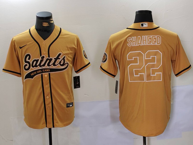 Men's New Orleans Saints #22 Rashid Shaheed Gold Cool Base Stitched Baseball Jersey Men's New Orleans Saints #22 Rashid Shaheed Gold Cool Base Stitched Baseball Jersey