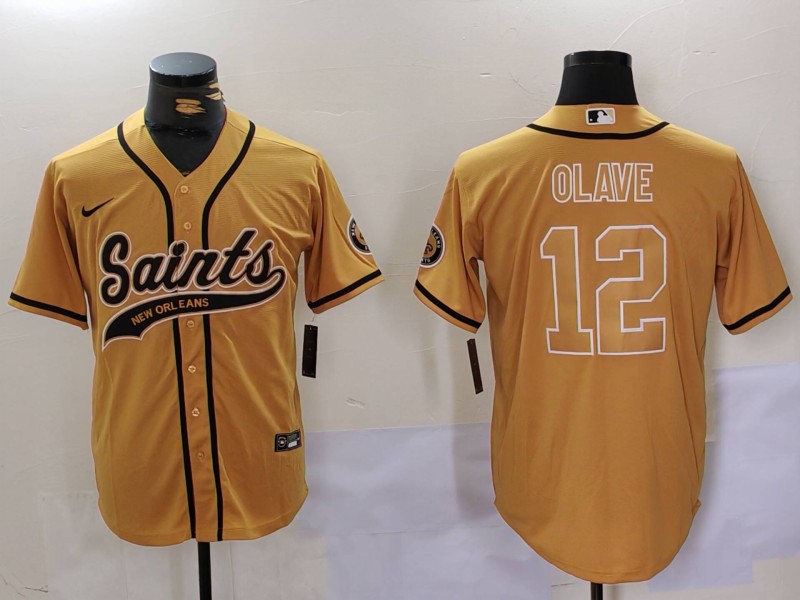 Men's New Orleans Saints #12 Chris Olave Gold Cool Base Stitched Baseball Jersey Men's New Orleans Saints #12 Chris Olave Gold Cool Base Stitched Baseball Jersey