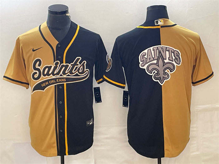Men's New Orleans Saints Black Gold Split Team Big Logo Cool Base Stitched Baseball Jersey Men's New Orleans Saints Black Gold Split Team Big Logo Cool Base Stitched Baseball Jersey