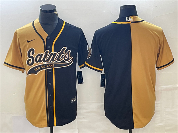 Men's New Orleans Saints Black Gold Split Cool Base Stitched Baseball Jersey Men's New Orleans Saints Black Gold Split Cool Base Stitched Baseball Jersey