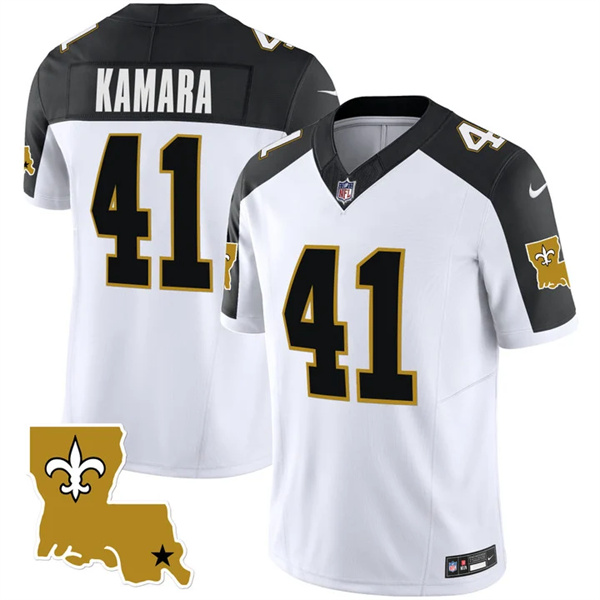 Men's New Orleans Saints #41 Alvin Kamara White Black 2023 F.U.S.E. 1987 Legacy Vapor Stitched Jerseys Men's New Orleans Saints #41 Alvin Kamara White Black 2023 F.U.S.E. 1987 Legacy Vapor Stitched Jerseys