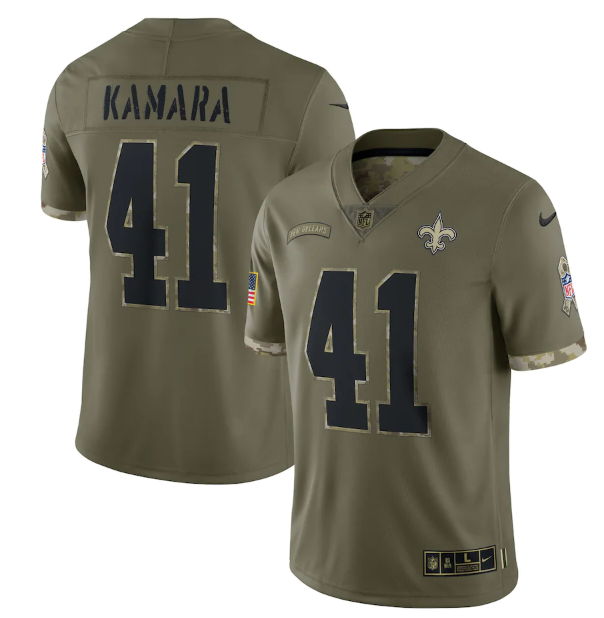 Men's New Orleans Saints #41 Alvin Kamara Olive 2022 Salute To Service Limited Stitched Jersey Men's New Orleans Saints #41 Alvin Kamara Olive 2022 Salute To Service Limited Stitched Jersey