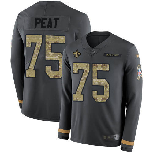 Nike Saints #75 Andrus Peat Anthracite Salute to Service Men's Stitched NFL Limited Therma Long Sleeve Jersey Nike Saints #75 Andrus Peat Anthracite Salute to Service Men's Stitched NFL Limited Therma Long Sleeve Jersey