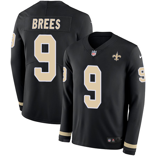 Nike Saints #9 Drew Brees Black Team Color Men's Stitched NFL Limited Therma Long Sleeve Jersey Nike Saints #9 Drew Brees Black Team Color Men's Stitched NFL Limited Therma Long Sleeve Jersey