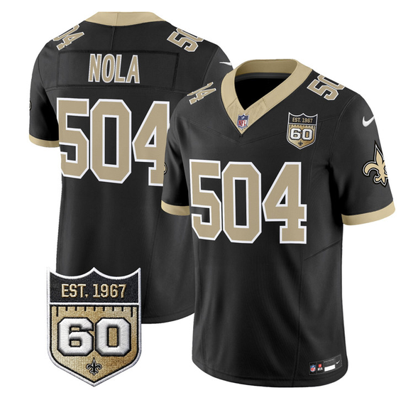 Men's New Orleans Saints #504 Nola Black F.U.S.E. 60th Anniversary Patch Vapor Limited Stitched Football Jersey Men's New Orleans Saints #504 Nola Black F.U.S.E. 60th Anniversary Patch Vapor Limited Stitched Football Jersey
