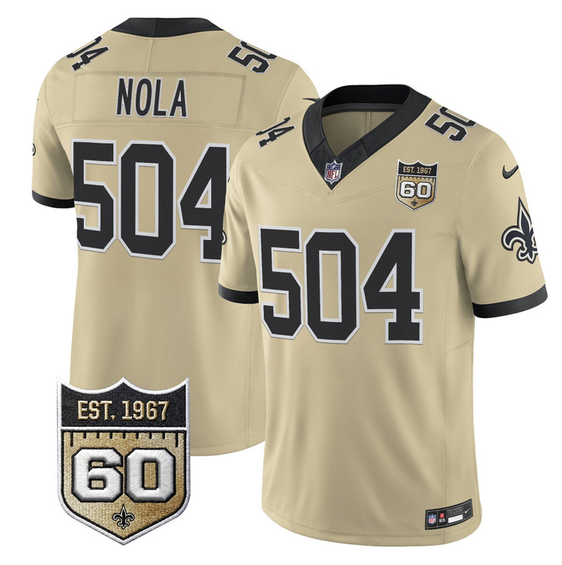 Men's New Orleans Saints #504 Nola Gold F.U.S.E. 60th Anniversary Patch Vapor Limited Stitched Football Jersey Men's New Orleans Saints #504 Nola Gold F.U.S.E. 60th Anniversary Patch Vapor Limited Stitched Football Jersey