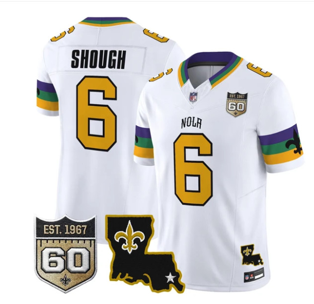 Men's New Orleans Saints #6 Tyler Shough White F.U.S.E. 60th Anniversary Patch Vapor Limited Stitched Football Jersey