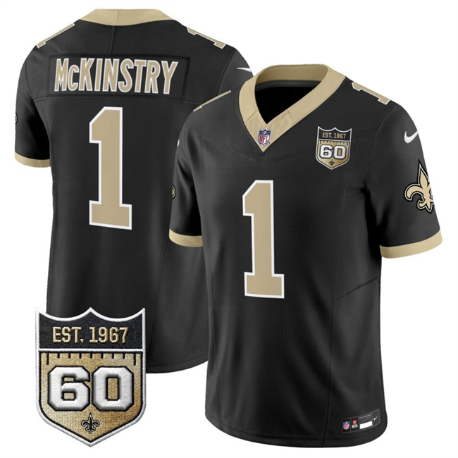 Men's New Orleans Saints #1 Kool-Aid McKinstry Black 2026 F.U.S.E 60th Anniversary Patch Vapor Limited Football Stitched Jersey Men's New Orleans Saints #1 Kool-Aid McKinstry Black 2026 F.U.S.E 60th Anniversary Patch Vapor Limited Football Stitched Jersey