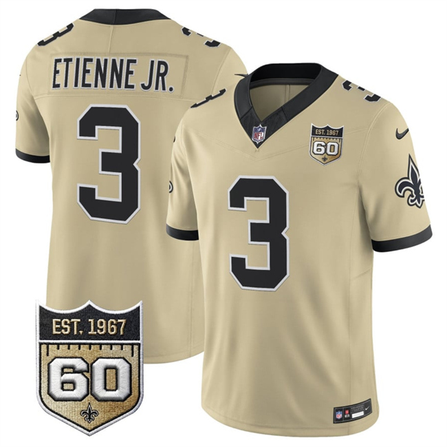 Men's New Orleans Saints #3 Travis Etienne Jr. Gold 2026 F.U.S.E 60th Anniversary Patch Vapor Limited Football Stitched Jersey Men's New Orleans Saints #3 Travis Etienne Jr. Gold 2026 F.U.S.E 60th Anniversary Patch Vapor Limited Football Stitched Jersey