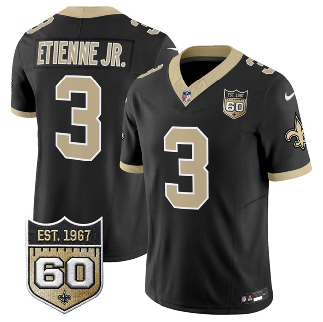 Men's New Orleans Saints #3 Travis Etienne Jr Black 2026 F.U.S.E 60th Anniversary Patch Vapor Limited Football Stitched Jersey Men's New Orleans Saints #3 Travis Etienne Jr Black 2026 F.U.S.E 60th Anniversary Patch Vapor Limited Football Stitched Jersey
