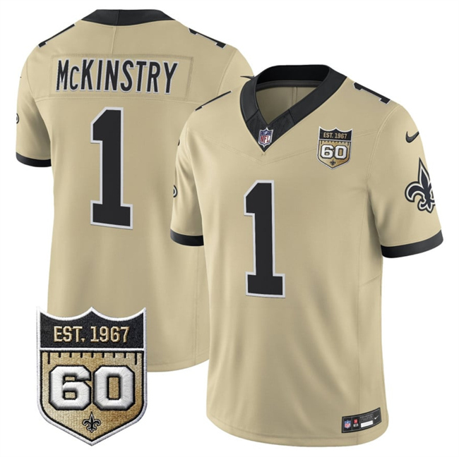 Men's New Orleans Saints #1 Kool-Aid McKinstry Gold 2026 F.U.S.E 60th Anniversary Patch Vapor Limited Football Stitched Jersey Men's New Orleans Saints #1 Kool-Aid McKinstry Gold 2026 F.U.S.E 60th Anniversary Patch Vapor Limited Football Stitched Jersey