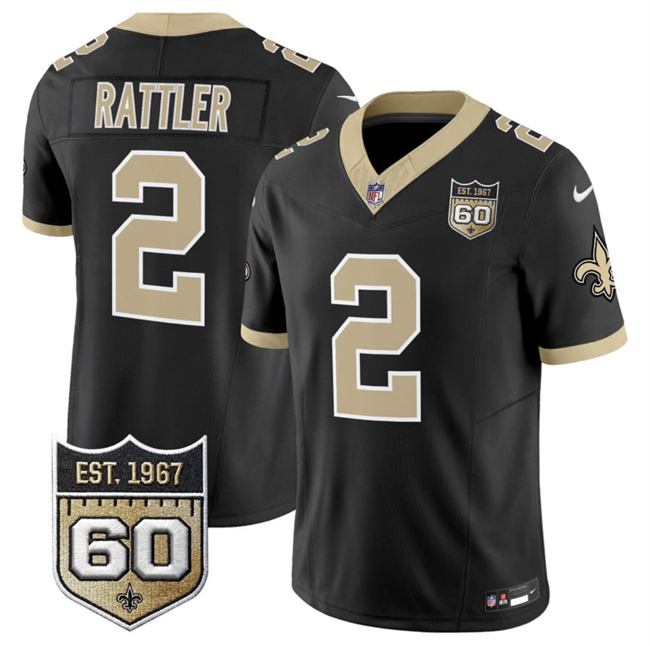 Men's New Orleans Saints #2 Spencer Rattler Black 2026 F.U.S.E 60th Anniversary Patch Vapor Limited Football Stitched Jersey Men's New Orleans Saints #2 Spencer Rattler Black 2026 F.U.S.E 60th Anniversary Patch Vapor Limited Football Stitched Jersey