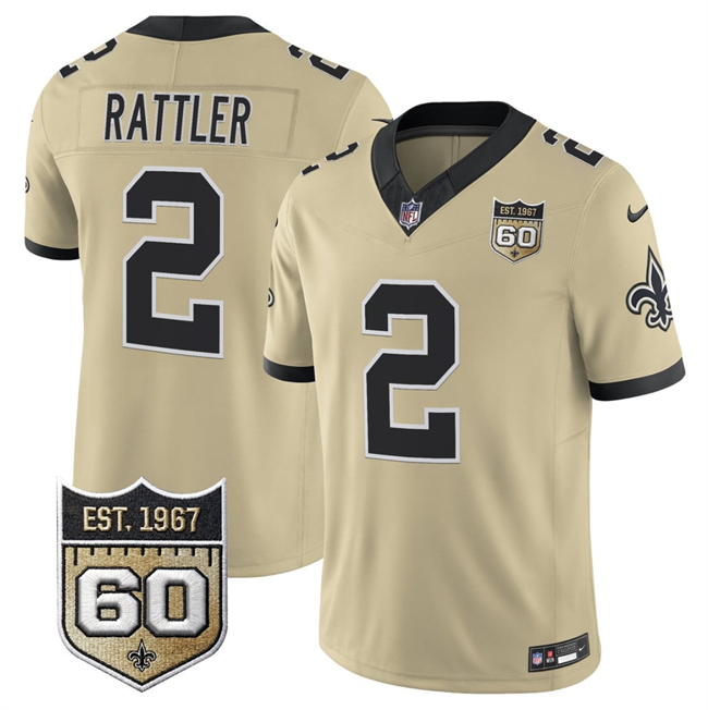 Men's New Orleans Saints #2 Spencer Rattler Gold 2026 F.U.S.E 60th Anniversary Patch Vapor Limited Football Stitched Jersey Men's New Orleans Saints #2 Spencer Rattler Gold 2026 F.U.S.E 60th Anniversary Patch Vapor Limited Football Stitched Jersey