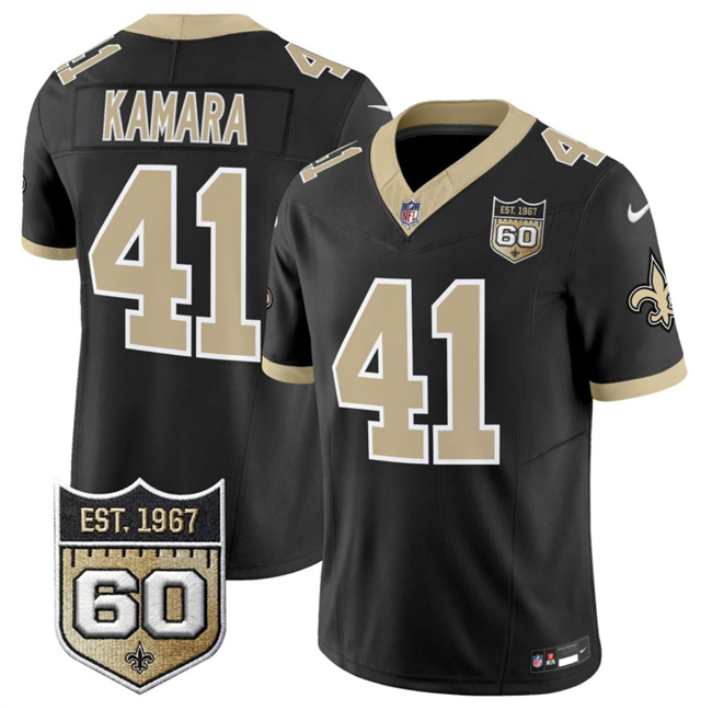 Men's New Orleans Saints #41 Alvin Kamara Black 2026 F.U.S.E 60th Anniversary Patch Vapor Limited Football Stitched Jersey Men's New Orleans Saints #41 Alvin Kamara Black 2026 F.U.S.E 60th Anniversary Patch Vapor Limited Football Stitched Jersey