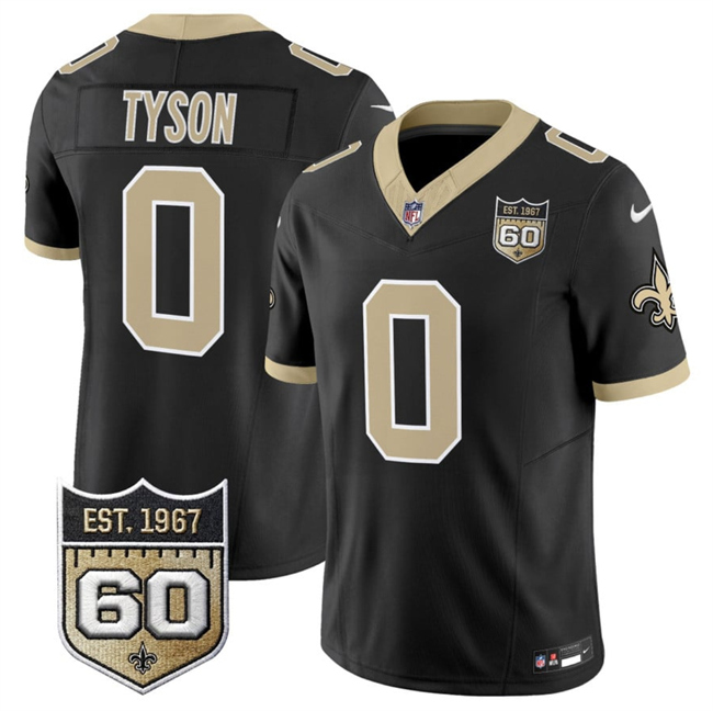 Men's New Orleans Saints #0 Jordyn Tyson Black 2026 F.U.S.E 60th Anniversary Patch Vapor Limited Football Stitched Jersey Men's New Orleans Saints #0 Jordyn Tyson Black 2026 F.U.S.E 60th Anniversary Patch Vapor Limited Football Stitched Jersey