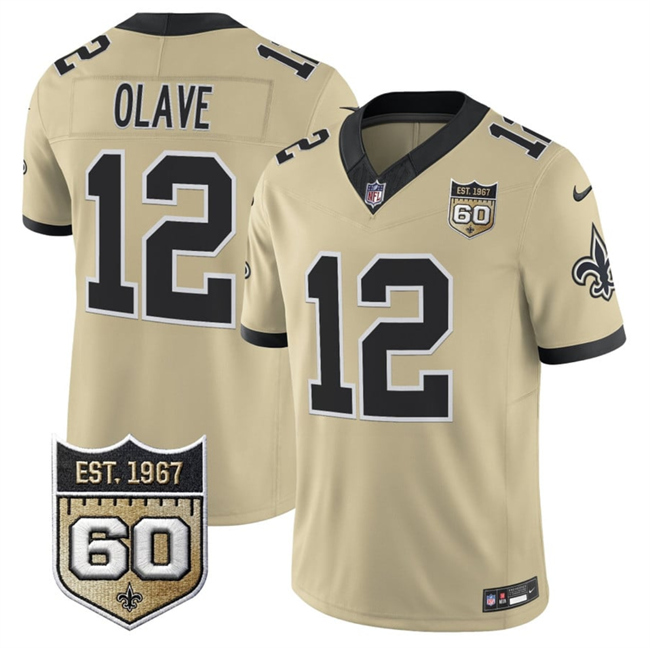 Men's New Orleans Saints #12 Chris Olave Gold 2026 F.U.S.E 60th Anniversary Patch Vapor Limited Football Stitched Jersey