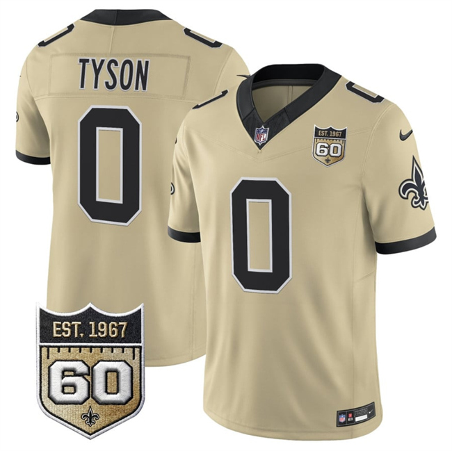 Men's New Orleans Saints #0 Jordyn Tyson Gold 2026 F.U.S.E 60th Anniversary Patch Vapor Limited Football Stitched Jersey Men's New Orleans Saints #0 Jordyn Tyson Gold 2026 F.U.S.E 60th Anniversary Patch Vapor Limited Football Stitched Jersey