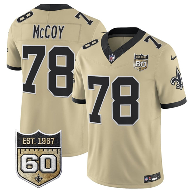 Men's New Orleans Saints #78 Erik McCoy Gold 2026 F.U.S.E 60th Anniversary Patch Vapor Limited Football Stitched Jersey Men's New Orleans Saints #78 Erik McCoy Gold 2026 F.U.S.E 60th Anniversary Patch Vapor Limited Football Stitched Jersey