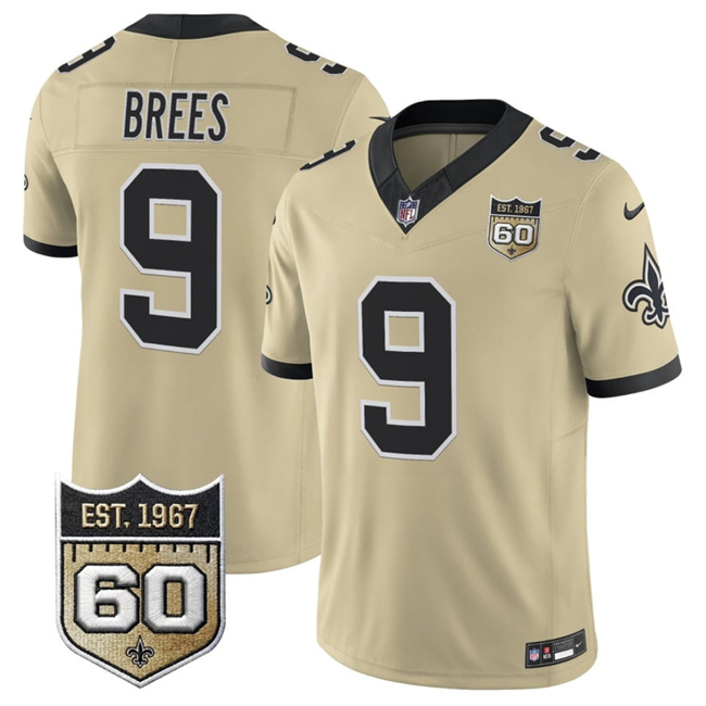 Men's New Orleans Saints #9 Drew Brees Gold 2026 F.U.S.E 60th Anniversary Patch Vapor Limited Football Stitched Jersey Men's New Orleans Saints #9 Drew Brees Gold 2026 F.U.S.E 60th Anniversary Patch Vapor Limited Football Stitched Jersey