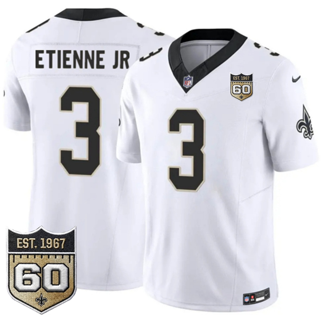Men's New Orleans Saints #3 Travis Etienne Jr White 2026 F.U.S.E 60th Anniversary Patch Vapor Limited Football Stitched Jersey Men's New Orleans Saints #3 Travis Etienne Jr White 2026 F.U.S.E 60th Anniversary Patch Vapor Limited Football Stitched Jersey