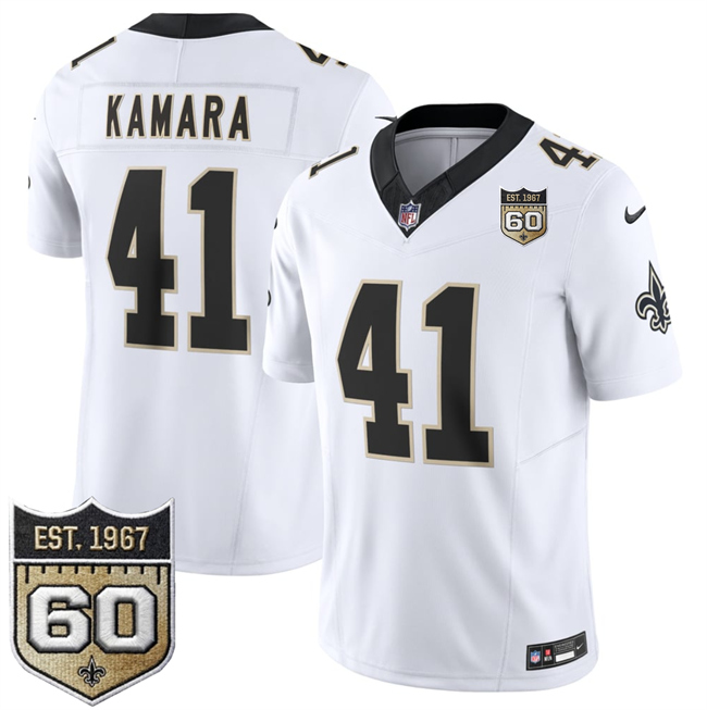 Men's New Orleans Saints #41 Alvin Kamara White 2026 F.U.S.E 60th Anniversary Patch Vapor Limited Football Stitched Jersey Men's New Orleans Saints #41 Alvin Kamara White 2026 F.U.S.E 60th Anniversary Patch Vapor Limited Football Stitched Jersey