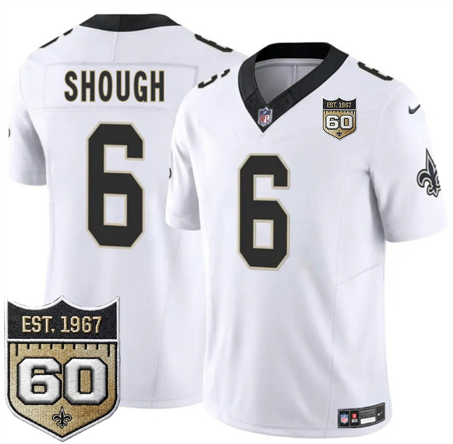 Men's New Orleans Saints #6 Tyler Shough White 2026 F.U.S.E 60th Anniversary Patch Vapor Limited Football Stitched Jersey Men's New Orleans Saints #6 Tyler Shough White 2026 F.U.S.E 60th Anniversary Patch Vapor Limited Football Stitched Jersey