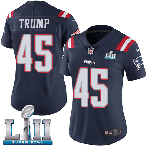 Nike Patriots #45 Donald Trump Navy Blue Super Bowl LII Women's Stitched NFL Limited Rush Jersey Nike Patriots #45 Donald Trump Navy Blue Super Bowl LII Women's Stitched NFL Limited Rush Jersey