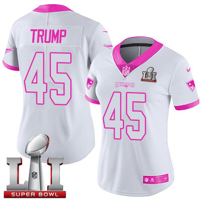 Nike Patriots #45 Donald Trump White Pink Super Bowl LI 51 Women's Stitched NFL Limited Rush Fashion Jersey Nike Patriots #45 Donald Trump White Pink Super Bowl LI 51 Women's Stitched NFL Limited Rush Fashion Jersey