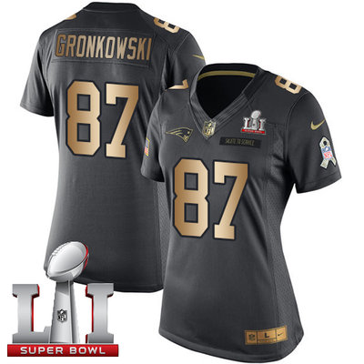 Nike Patriots #87 Rob Gronkowski Black Super Bowl LI 51 Women's Stitched NFL Limited Gold Salute to Service Jersey
