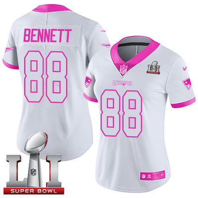 Nike Patriots #88 Martellus Bennett White Pink Super Bowl LI 51 Women's Stitched NFL Limited Rush Fashion Jersey