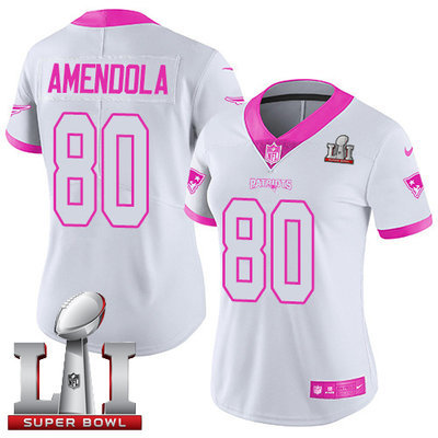 Nike Patriots #80 Danny Amendola White Pink Super Bowl LI 51 Women's Stitched NFL Limited Rush Fashion Jersey
