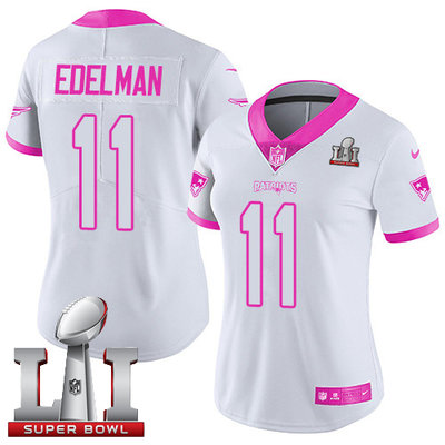 Nike Patriots #11 Julian Edelman White Pink Super Bowl LI 51 Women's Stitched NFL Limited Rush Fashion Jersey Nike Patriots #11 Julian Edelman White Pink Super Bowl LI 51 Women's Stitched NFL Limited Rush Fashion Jersey