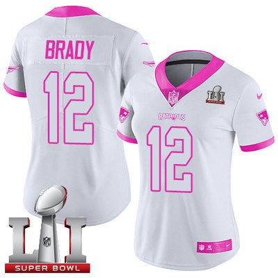 Nike Patriots #12 Tom Brady White Pink Super Bowl LI 51 Women's Stitched NFL Limited Rush Fashion Jersey