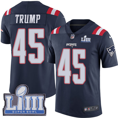 Nike Patriots #45 Donald Trump Navy Blue Super Bowl LIII Bound Youth Stitched NFL Limited Rush Jersey Nike Patriots #45 Donald Trump Navy Blue Super Bowl LIII Bound Youth Stitched NFL Limited Rush Jersey