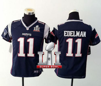 Nike Patriots #11 Julian Edelman Navy Blue Team Color Super Bowl LI 51 Youth Stitched NFL New Elite Jersey