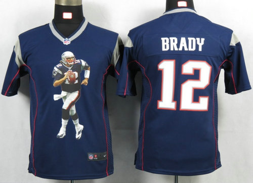Youth NEW New England Patriots 12 Brady Blue Portrait Fashion Game Jerseys