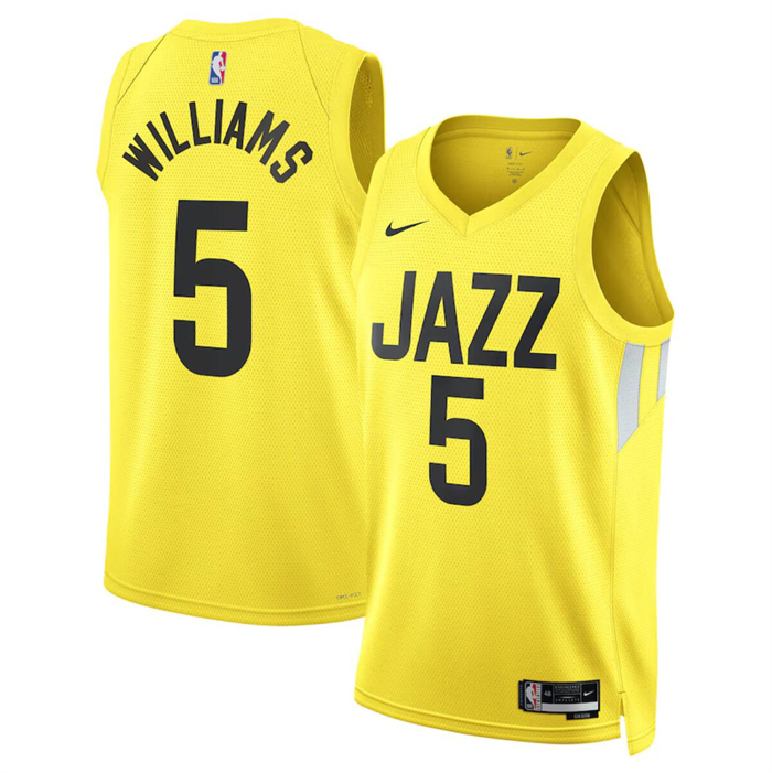 Men's Utah Jazz #5 Cody Williams Yellow 2024 Draft Association Edition Stitched Basketball Jersey Men's Utah Jazz #5 Cody Williams Yellow 2024 Draft Association Edition Stitched Basketball Jersey